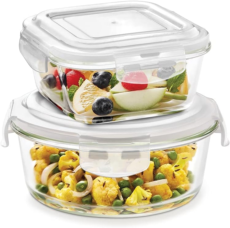 BOROSIL Clip & Store Set of 2 | Microwave & Oven Safe | Glass Storage Container | 320ml Square & 400ml Round | With Air Tight Lid | ICYSQRD201TEX