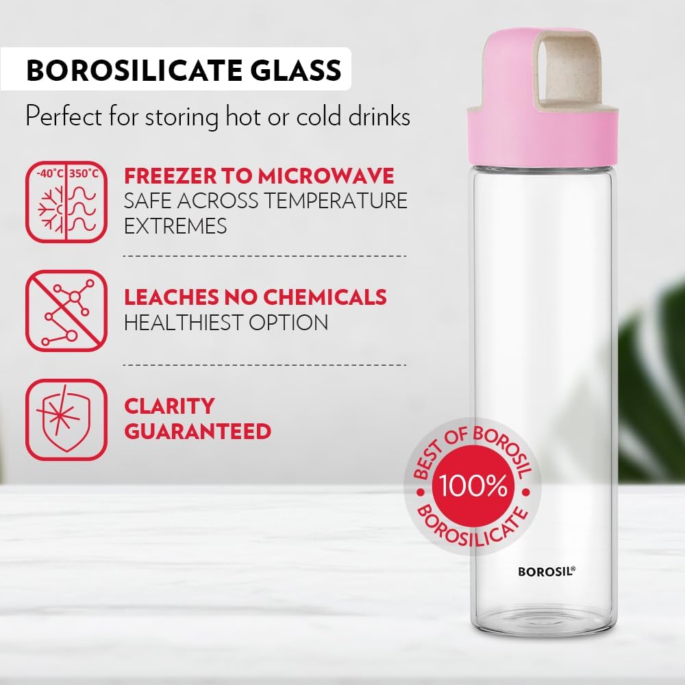 BOROSIL Crysto Glass Bottle With Pink Lid | Reusable | Refillable | Hot Water | Cold Water | Leak Proof | Microwavable | Freezer Safe | Wide Mouth Husk Lid | 550ML | BVUNEPNK550