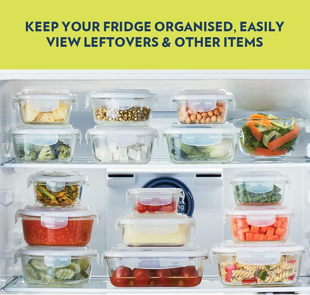 BOROSIL Clip & Store Set of 2 | Microwave & Oven Safe | Glass Storage Container | 320ml Square & 400ml Round | With Air Tight Lid | ICYSQRD201TEX