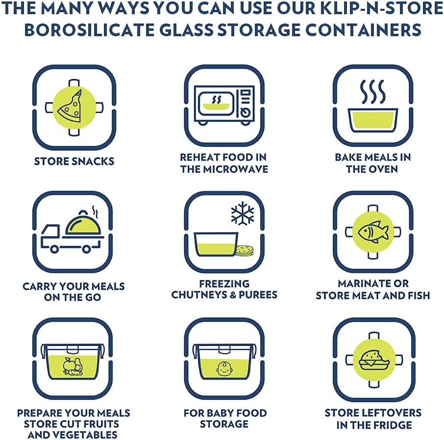 BOROSIL Clip & Store Set of 2 | Microwave & Oven Safe | Glass Storage Container | 320ml Square & 400ml Round | With Air Tight Lid | ICYSQRD201TEX