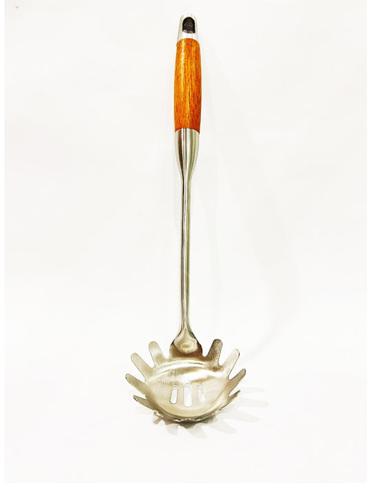 BRITISH CHEF Stainless Steel Pasta Server | Wooden Handle | Pasta Spoon With Teeth | Long Handle Spaghetti Spoon/Fork/Ladle | Noodle and Pasta Spoon/Fork | BC317