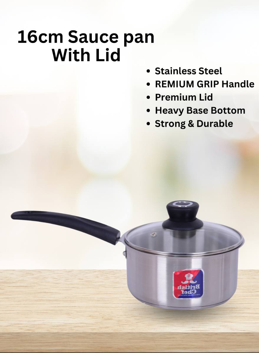 BRITISH CHEF 7 Piece Stainless Steel Nonstick Cookware Set | Induction Base, Heavy Base Bottom | 28cm Casserole+Lid | 16cm Sauce Pan | 24cm Fry pan | 20cm Casserole+Lid | BC177
