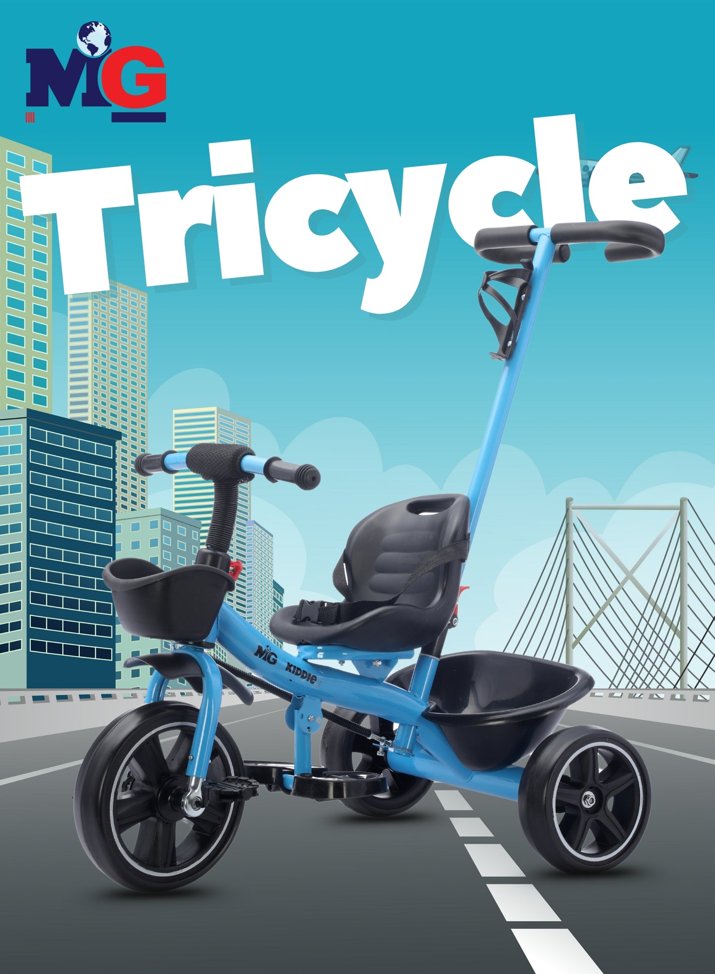 MG Kids 2-in-1 Parental Push Handle Bike with Lights & Music | 3-Wheel Toddler Bike with Front Basket & Rear Storage| Safety Belt | Fun Ride-On Toy For 1-5 Years - MGT913 Blue