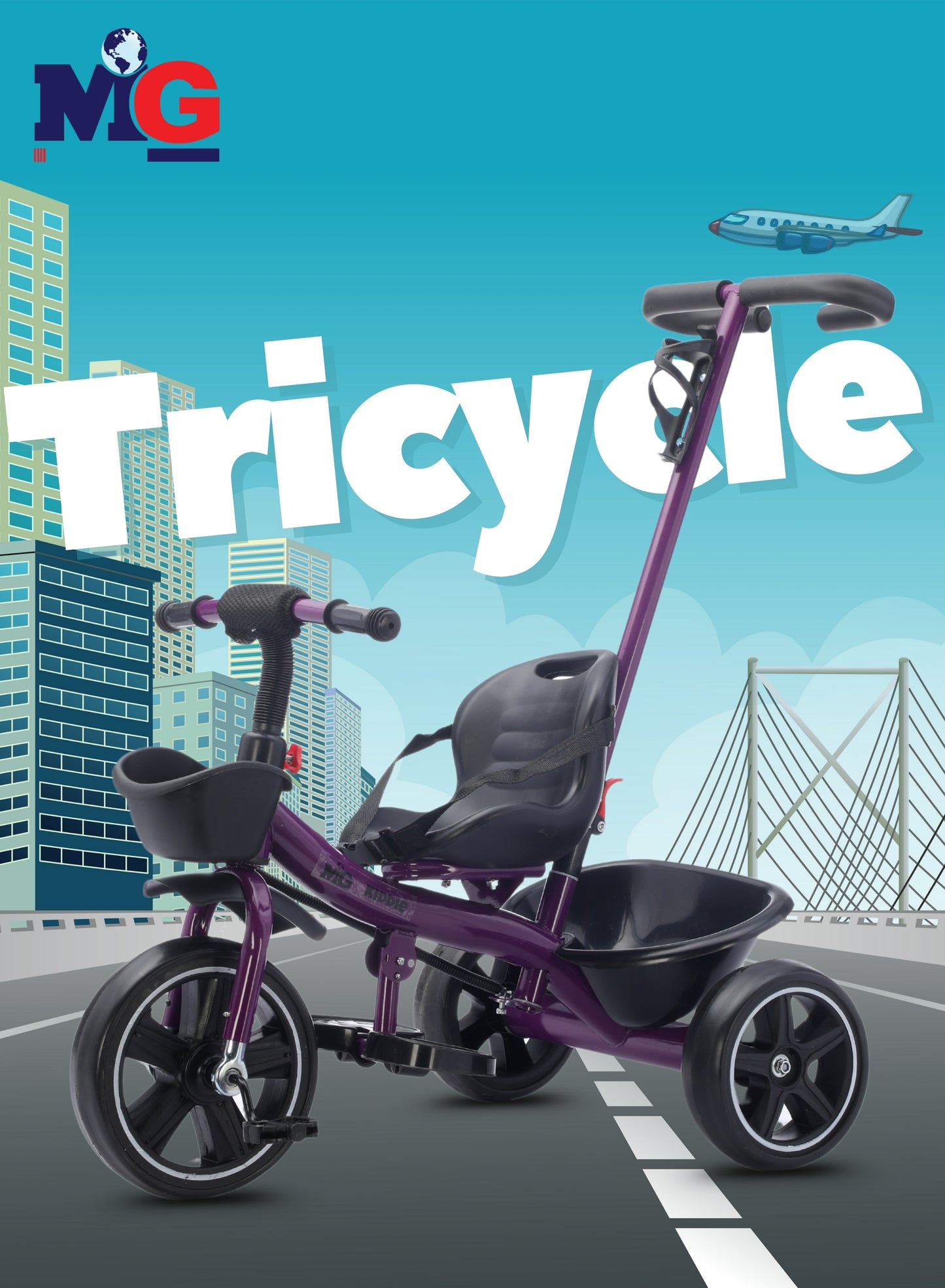 MG Kids 2-in-1 Parental Push Handle Bike with Lights & Music | 3-Wheel Toddler Bike with Front Basket & Rear Storage| Safety Belt | Fun Ride-On Toy For 1-5 Years - MGT913 Purple