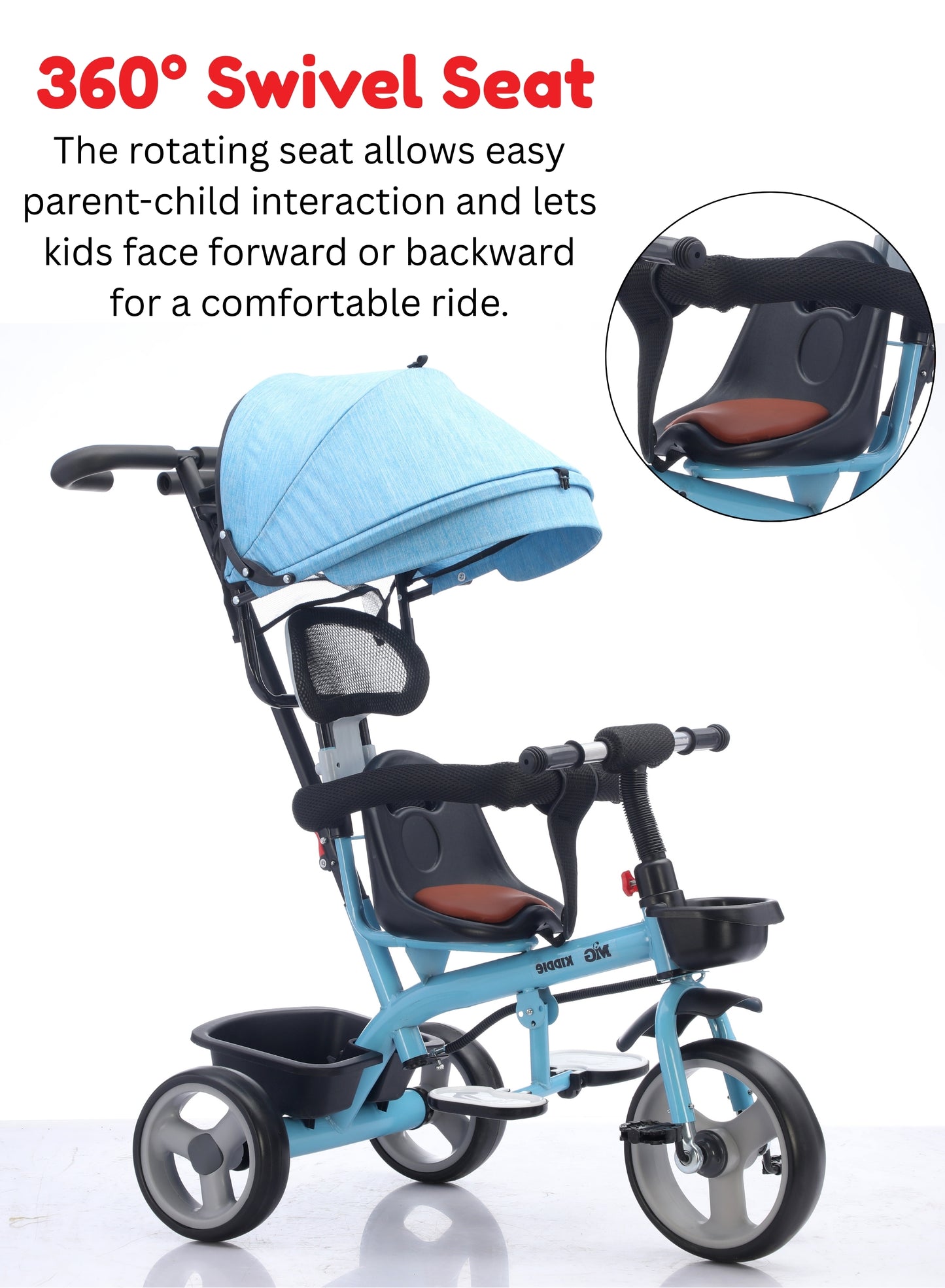 MG Folding Toddler Tricycle For 1-5 Years Old| 4-in-1 Kids Stroller Trolley | 360° Swivel Seat | Removable Push Handle | Rear Wheel Dual Brakes | Adjustable Canopy & Storage - MGT914 Blue