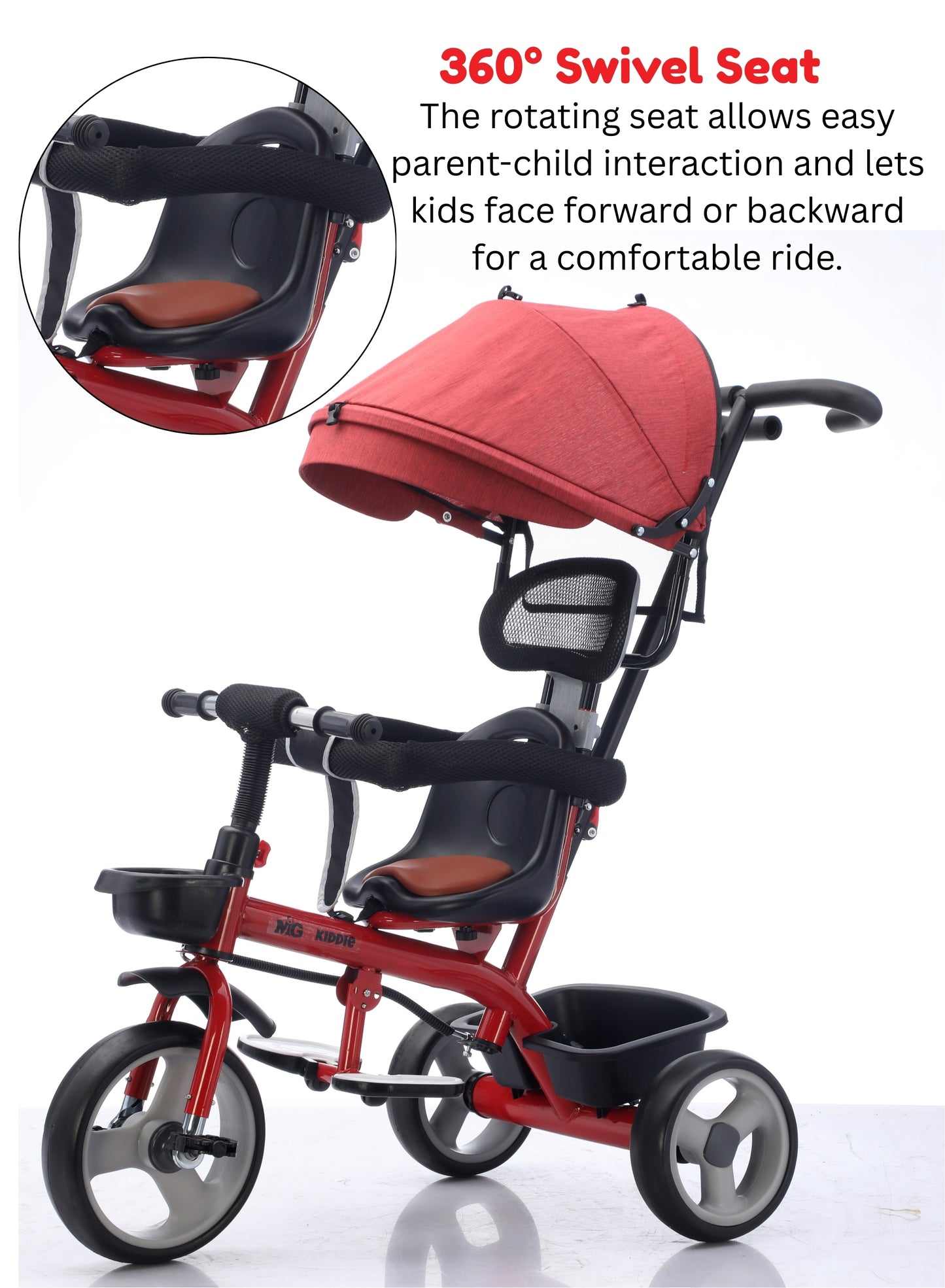 MG Folding Toddler Tricycle For 1-5 Years Old| 4-in-1 Kids Stroller Trolley | 360° Swivel Seat | Removable Push Handle | Rear Wheel Dual Brakes | Adjustable Canopy & Storage - MGT914 Red
