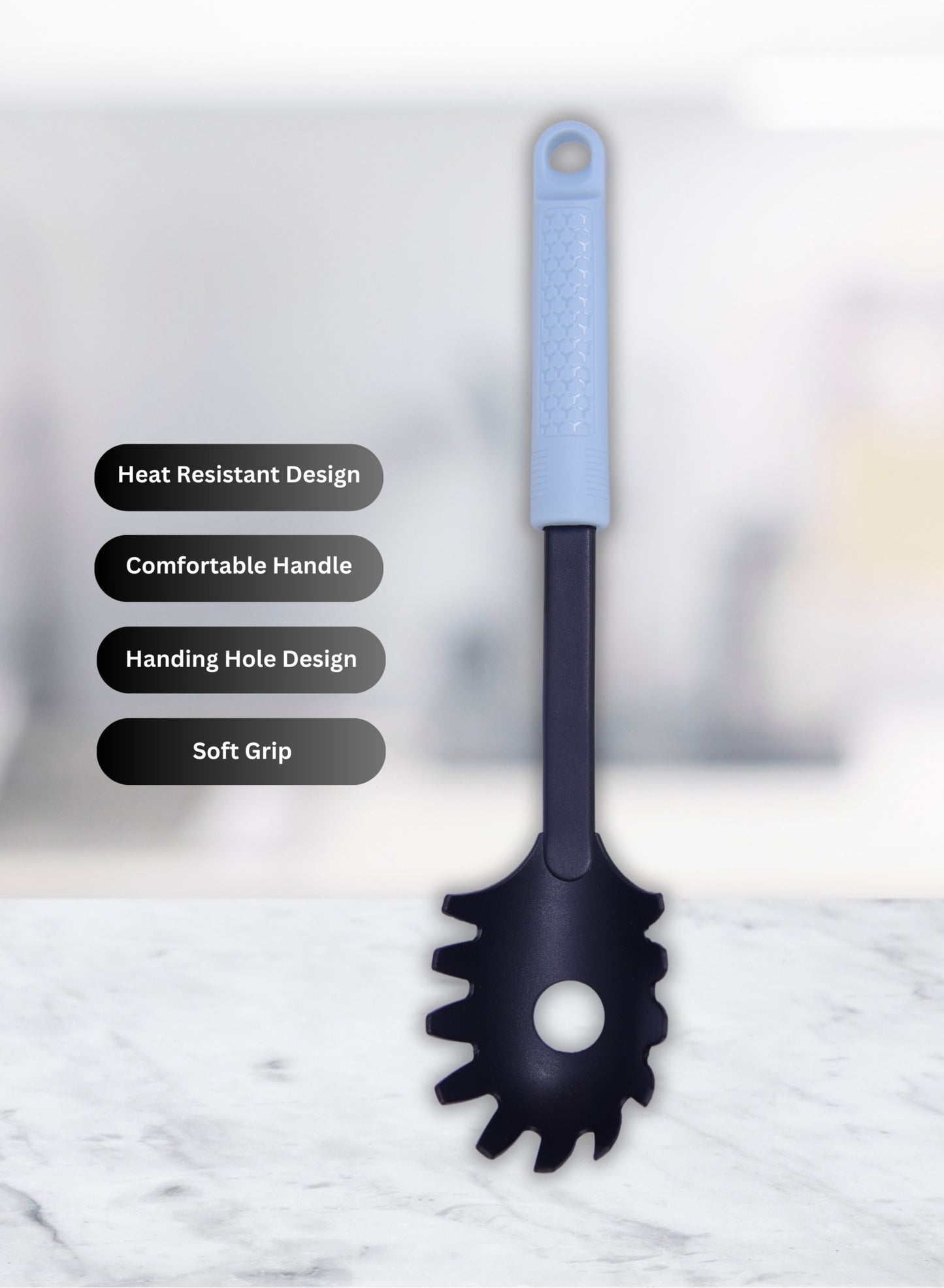BRITISH CHEF Non-Stick Pasta Spoon | Heat Resistant Nylon with Ergonomic Handle | Soft Grip Silicone Handle | Ideal Cooking Utensil | Comfortable Handle | Dishwasher Safe - BC334