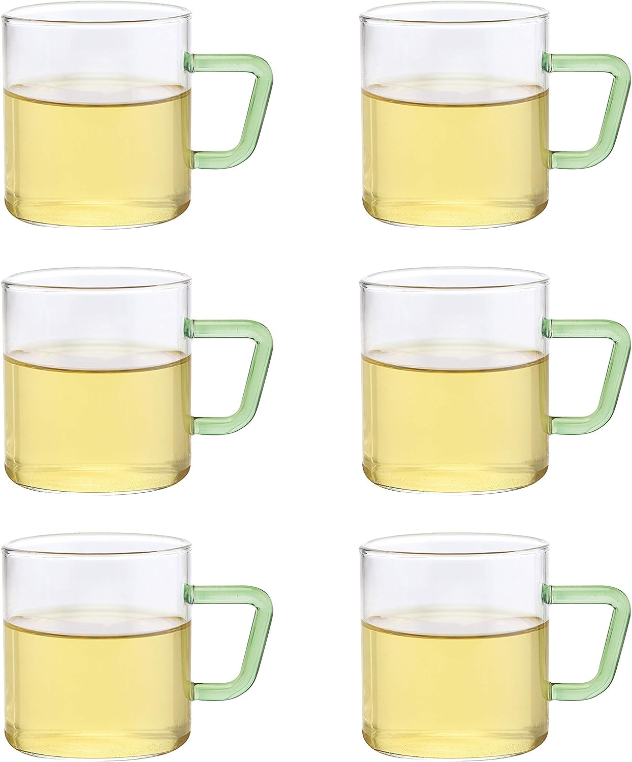 BOROSIL Vision Classic Mug Set Of 6 | Green Handle | Microwavable | Scratch Resistant | Lightweight | Borosilicate | 190ml | BVCM190GR06