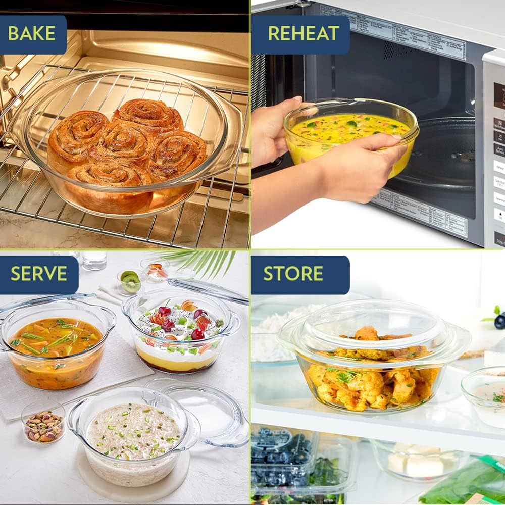 BOROSIL Deep Round Casserole With Glass Lid | Microwaveble | Scratch Resistant | Oven | Dishwasher Proof | Transparent | 1.75L | IH22CA13701EX