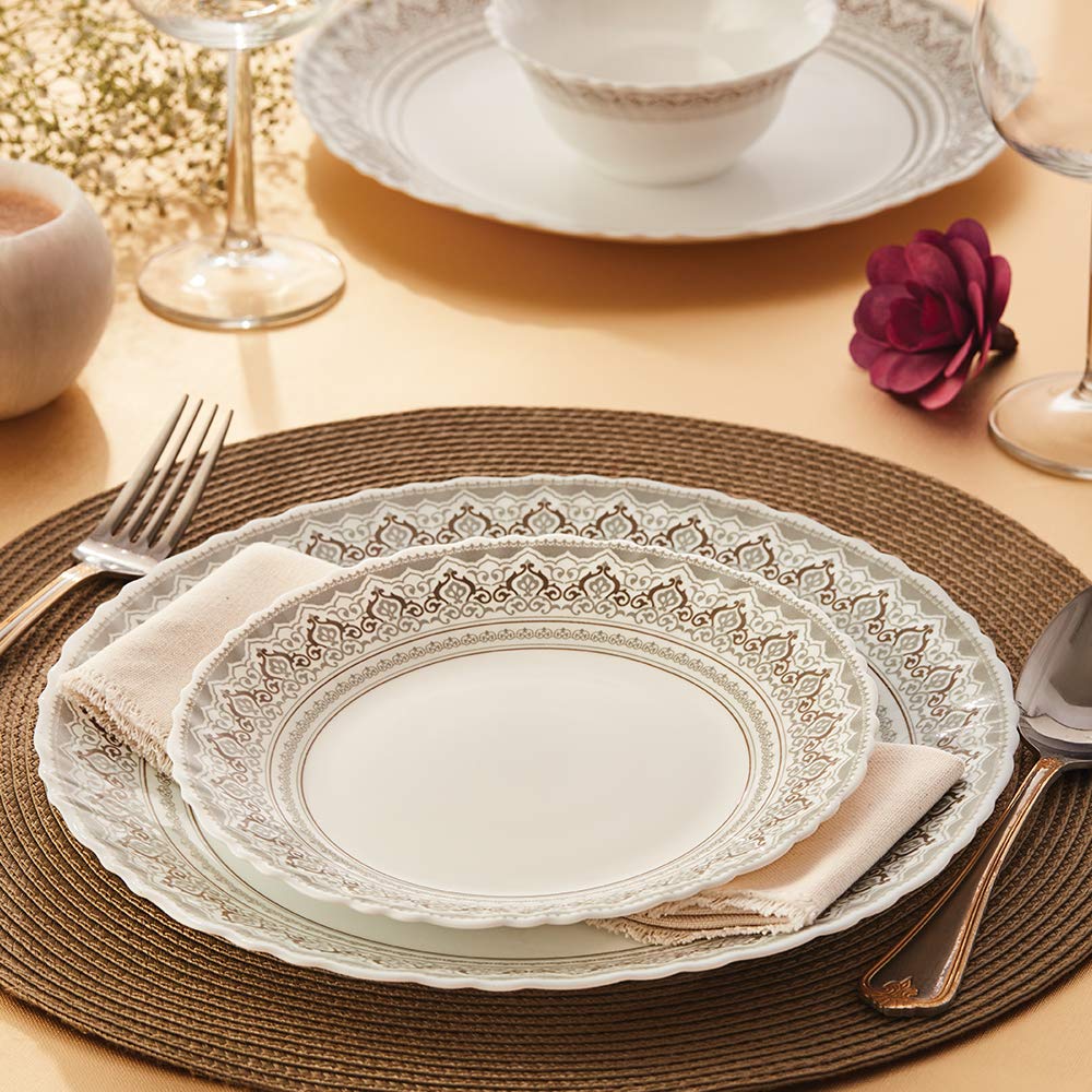 BRITISH CHEF 15 Pieces Opalware Dinner Sets Microwave  Dishwasher Safe Dinnerware set with 4 Full Plate-4 Side Plate-4 Vegetable Bowl-1 Serving Bowl-2 Spoons - BC2011