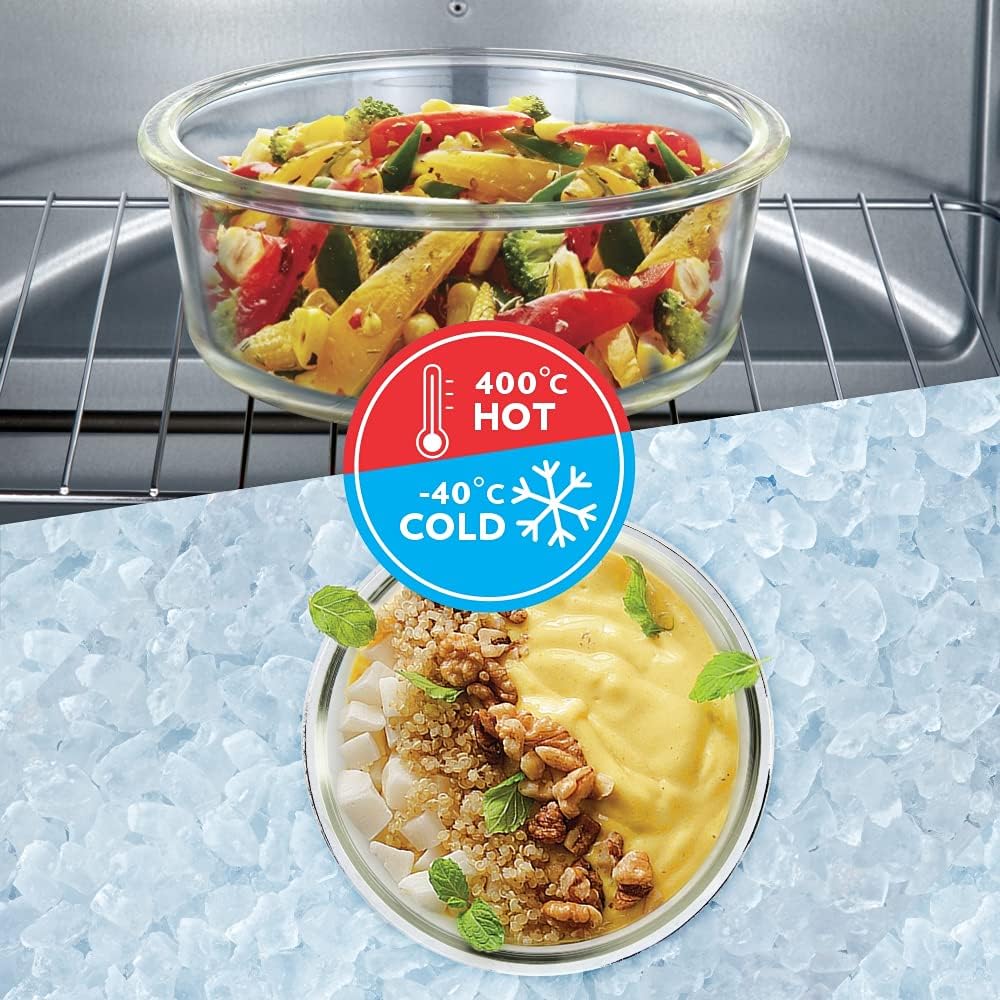 BOROSIL Clip & Store Set of 2 | Microwave & Oven Safe | Glass Storage Container | 320ml Square & 400ml Round | With Air Tight Lid | ICYSQRD201TEX