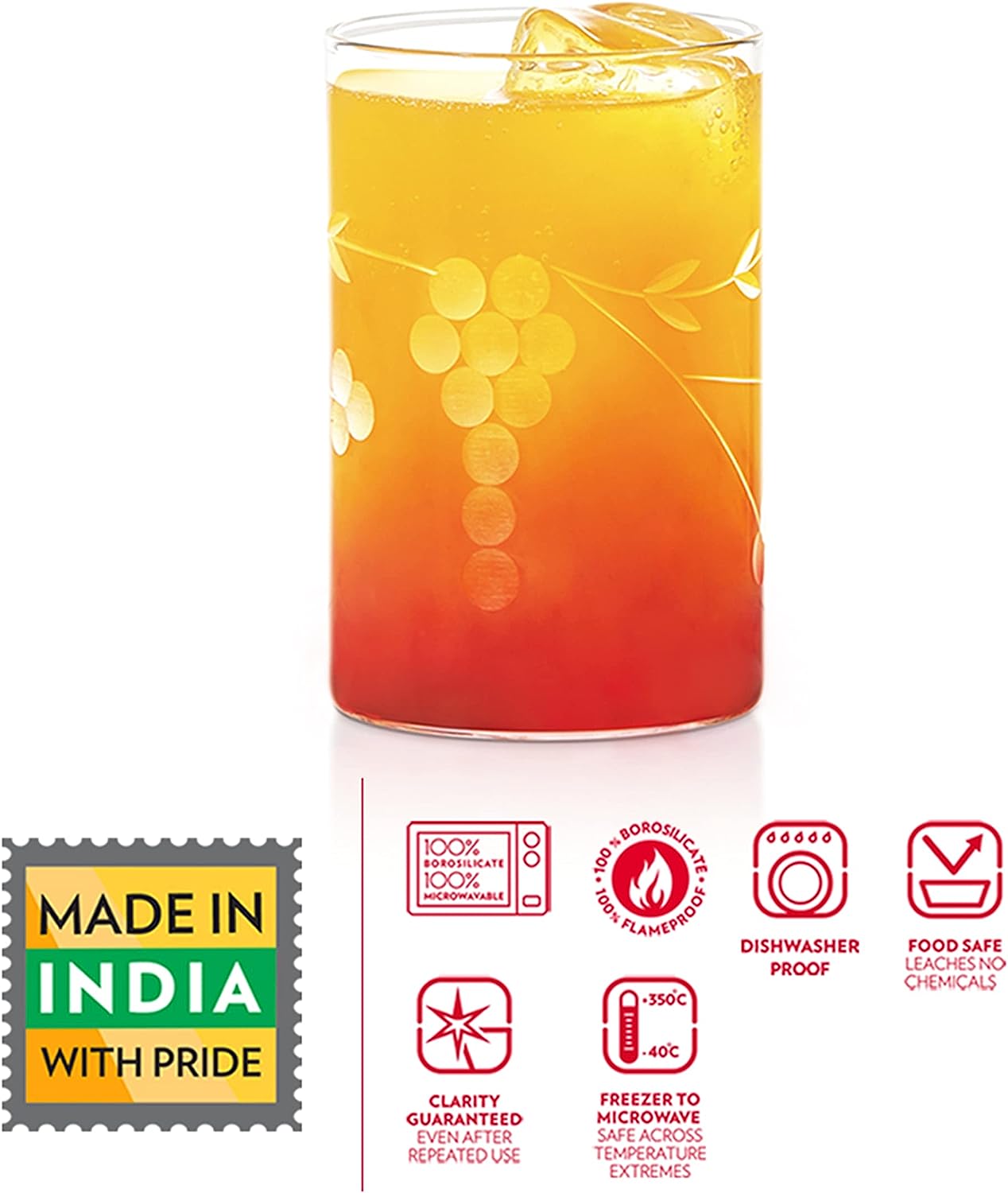 BOROSIL Berry Glasses Set Of 6 | Beverage Glasses For Juice | Scratch Resistant | Microwave Safe | Lightweight | 295ML & 350ML
