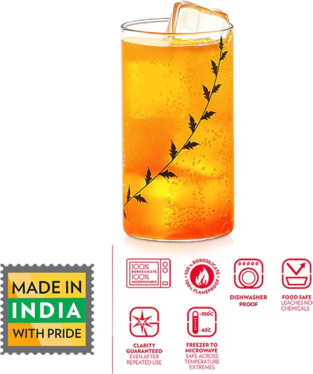 BOROSIL 6 Piece Glass Tumbler Set | Beverage Glasses For Juice | Tumblers | Scratch Resistant | Microwave Safe | Lightweight | 350ML | BVVIBLEAFBL