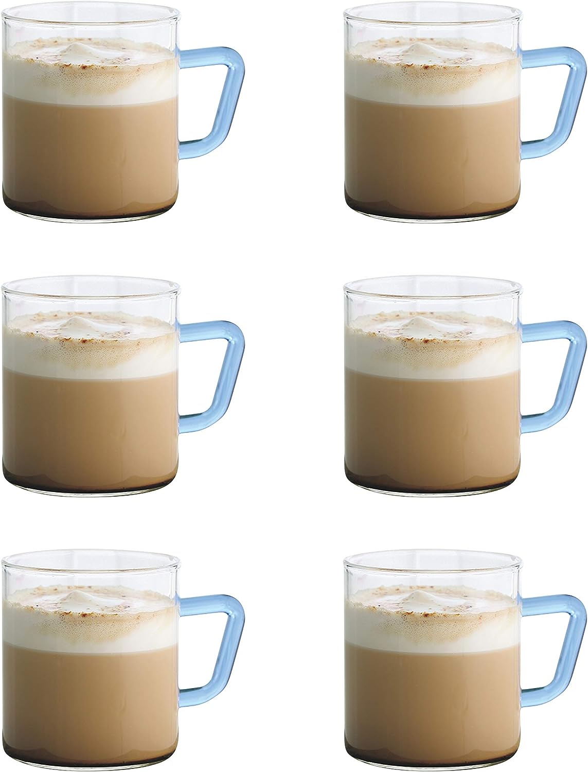 BOROSIL Vision Classic Mug Set Of 6 | Blue Handle | Scratch Resistant | Microwave Safe | Lightweight | 190ML | BVCM190BL06