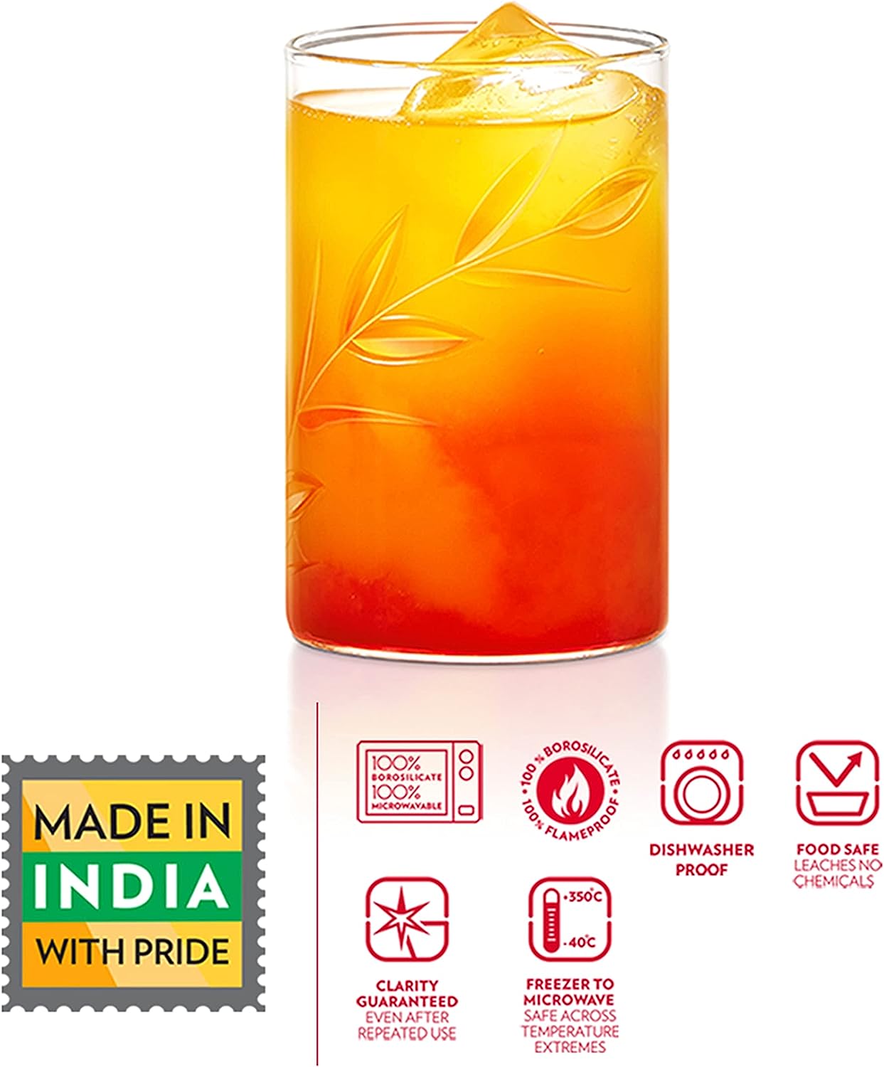 BOROSIL Vision Creeper Glass Set Of 6 | Beverage Glasses For Juice | Scratch Resistant | Microwave Safe | Lightweight | 295ML & 350ML