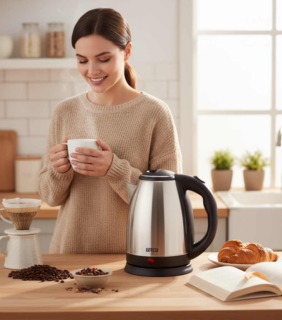 GITCO Electric Stainless Steel Kettle 1.8L Capacity with Auto Shut-Off, Fast Boiling & Dry Protection