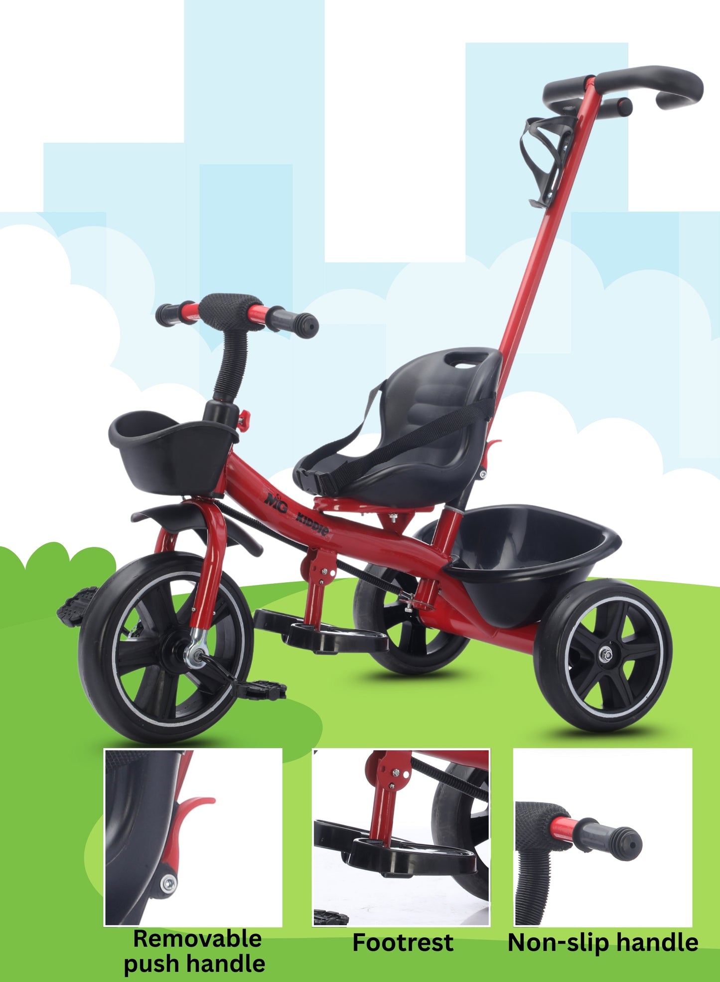 MG Kids 2-in-1 Parental Push Handle Bike with Lights & Music | 3-Wheel Toddler Bike with Front Basket & Rear Storage| Safety Belt | Fun Ride-On Toy For 1-5 Years - MGT913 Red
