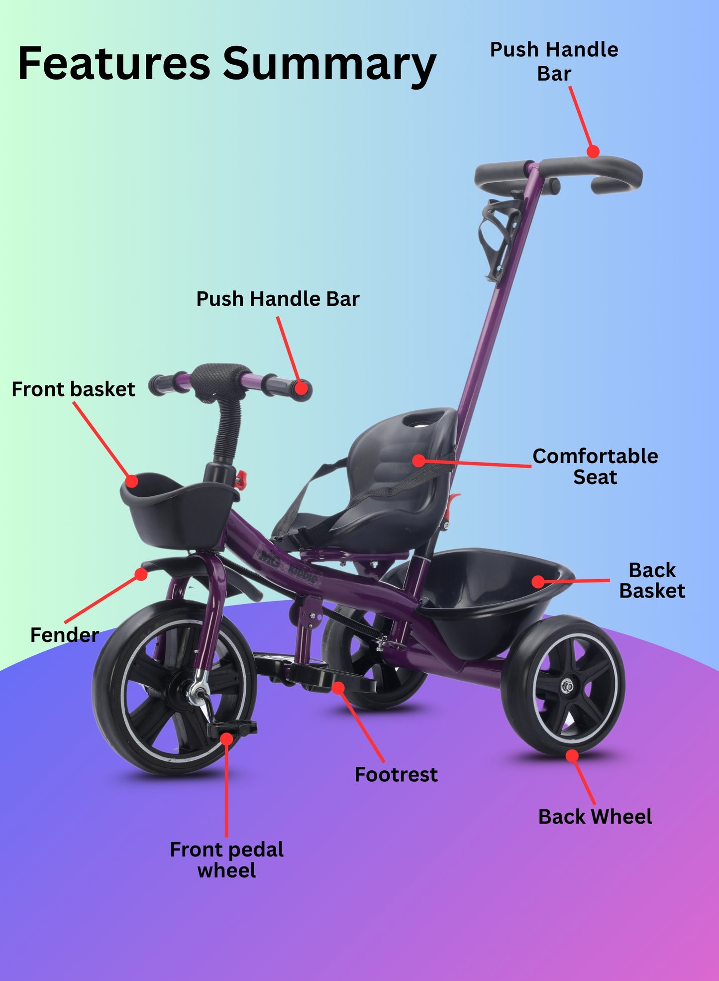 MG Kids 2-in-1 Parental Push Handle Bike with Lights & Music | 3-Wheel Toddler Bike with Front Basket & Rear Storage| Safety Belt | Fun Ride-On Toy For 1-5 Years - MGT913 Purple