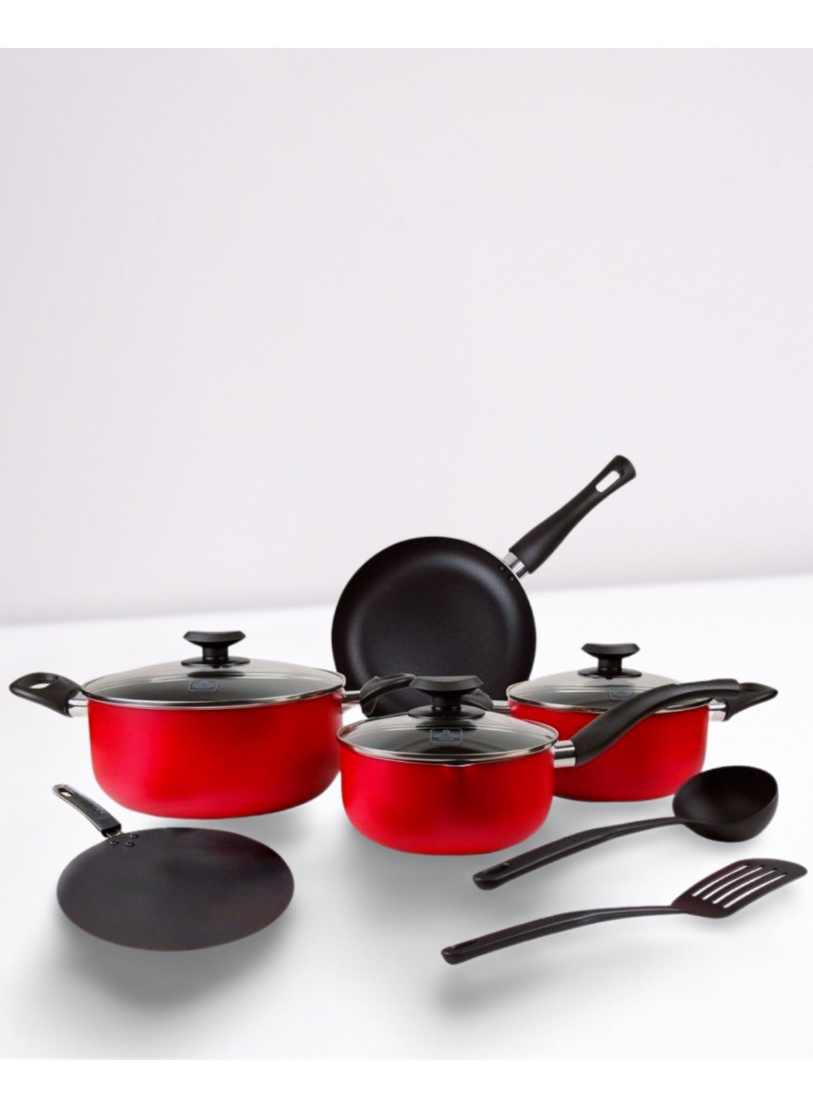 BRITISH CHEF 10 Piece Nonstick Cookware Set | Nonstick Coating For Cooking | 20CM & 24CM Casserole With Lid | 24CM Frying Pan | 18CM Saucepan | 28CM Tawa | 2 Nylon Kitchen Tools | BC130