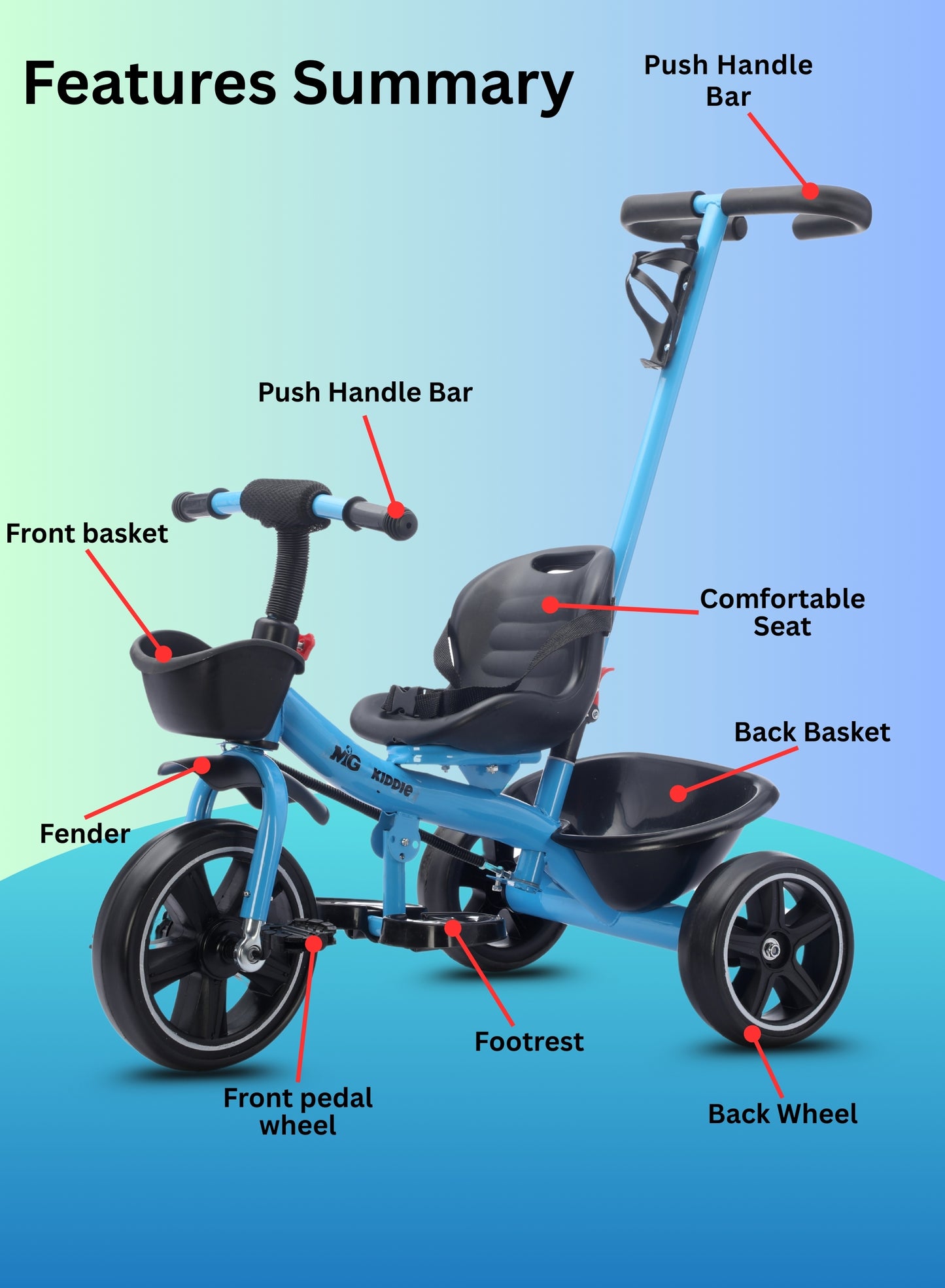 MG Kids 2-in-1 Parental Push Handle Bike with Lights & Music | 3-Wheel Toddler Bike with Front Basket & Rear Storage| Safety Belt | Fun Ride-On Toy For 1-5 Years - MGT913 Blue
