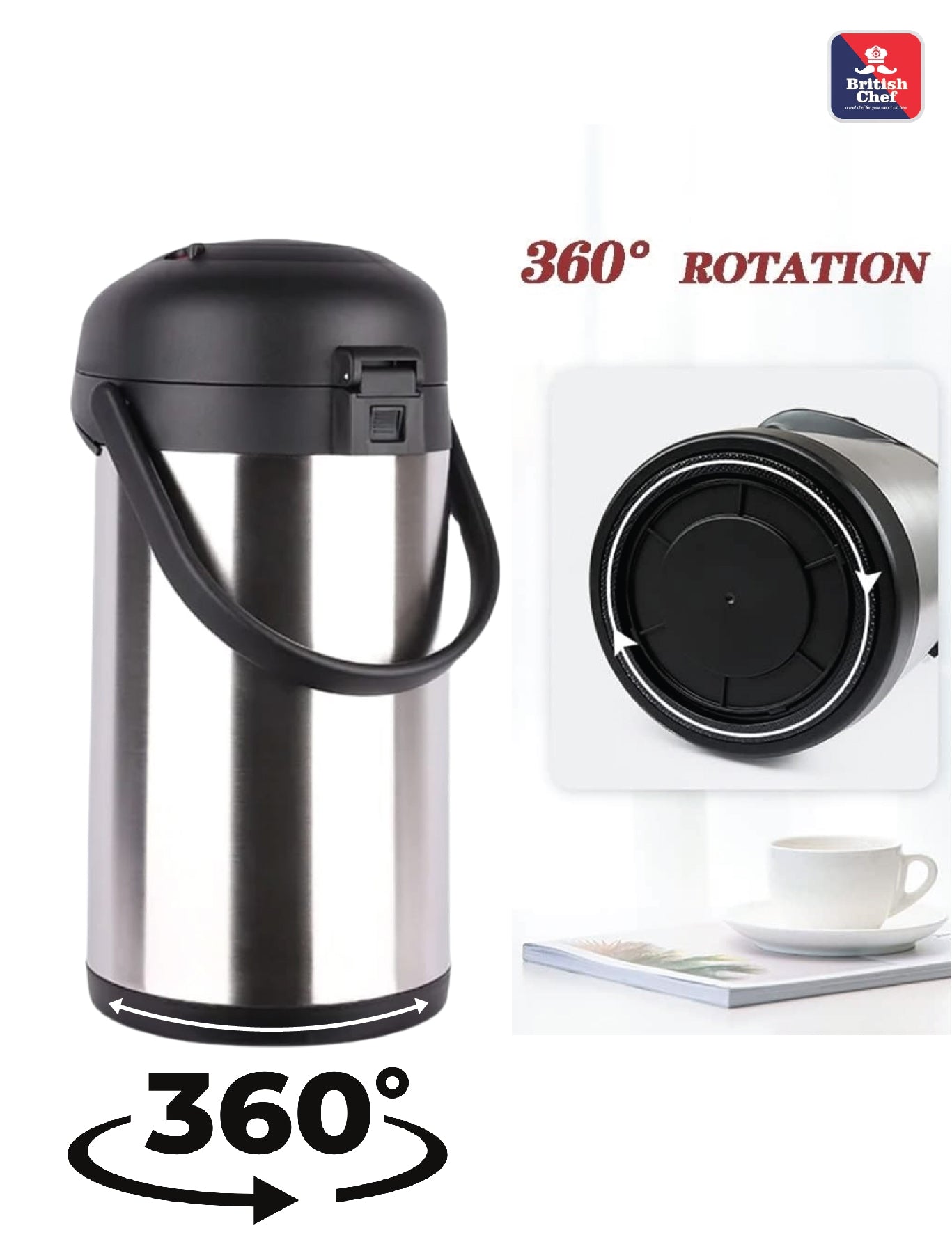 BRITISH CHEF 3L Hot & Cold Air Pot Flask | Stainless Steel Vacuum Pump with Double Wall Thermos | 360 Degree rotation Mechanism | Safety Lock | Thermal Beverage Flask | Black & Silver - BC408