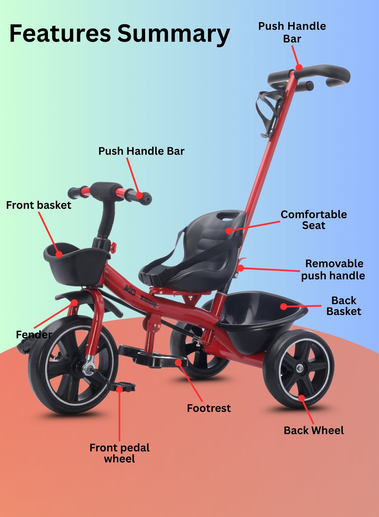 MG Kids 2-in-1 Parental Push Handle Bike with Lights & Music | 3-Wheel Toddler Bike with Front Basket & Rear Storage| Safety Belt | Fun Ride-On Toy For 1-5 Years - MGT913 Red