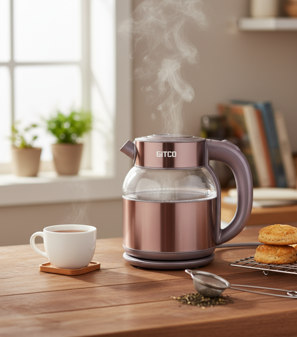 GITCO Electric Double Wall Glass Kettle 1.8L Capacity with Auto Shut-Off, Fast Boiling & Dry Protection