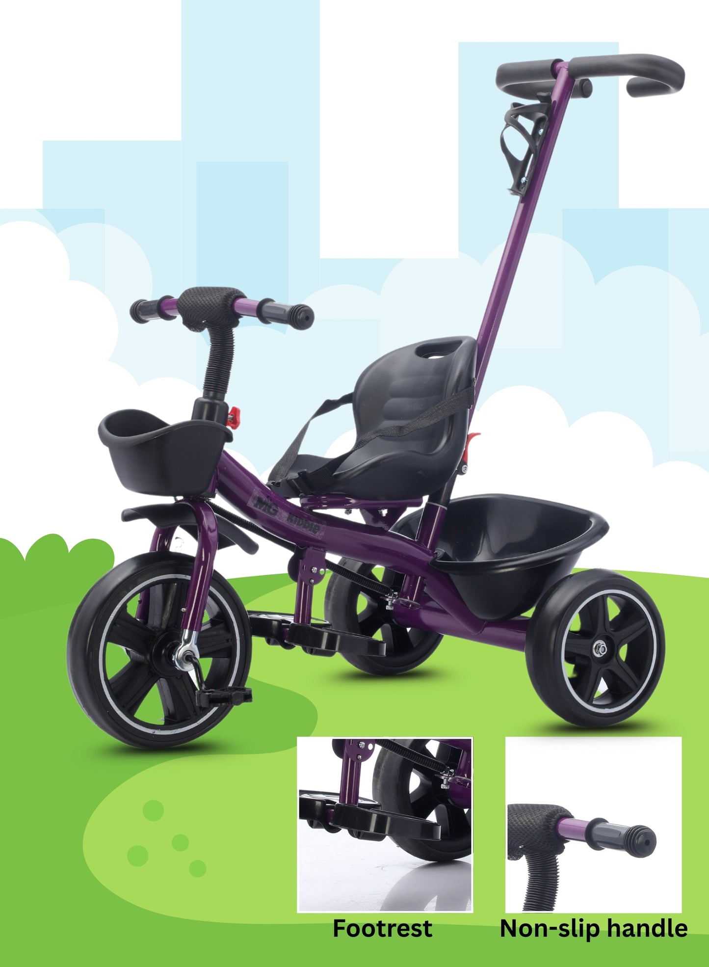 MG Kids 2-in-1 Parental Push Handle Bike with Lights & Music | 3-Wheel Toddler Bike with Front Basket & Rear Storage| Safety Belt | Fun Ride-On Toy For 1-5 Years - MGT913 Purple