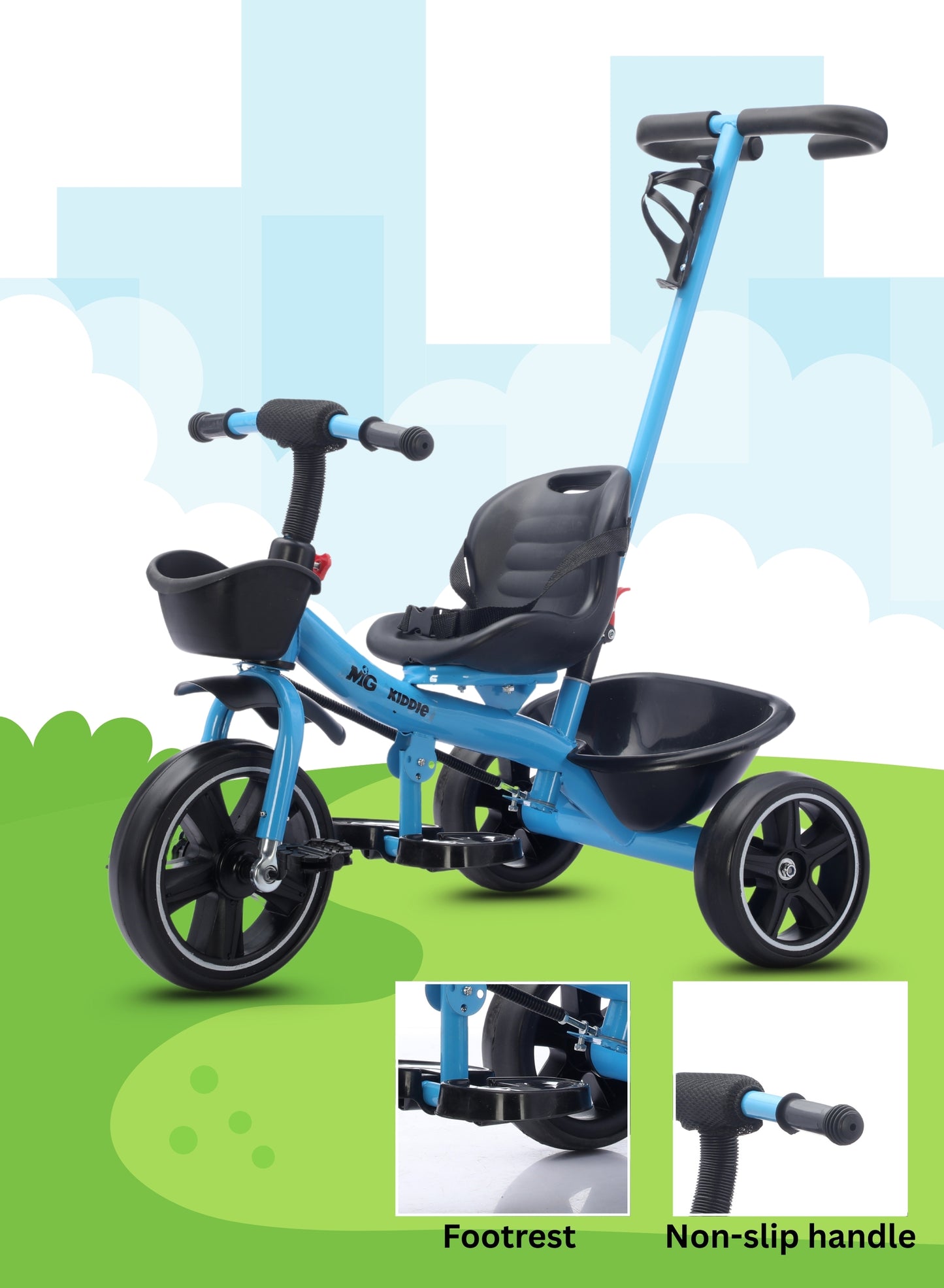 MG Kids 2-in-1 Parental Push Handle Bike with Lights & Music | 3-Wheel Toddler Bike with Front Basket & Rear Storage| Safety Belt | Fun Ride-On Toy For 1-5 Years - MGT913 Blue