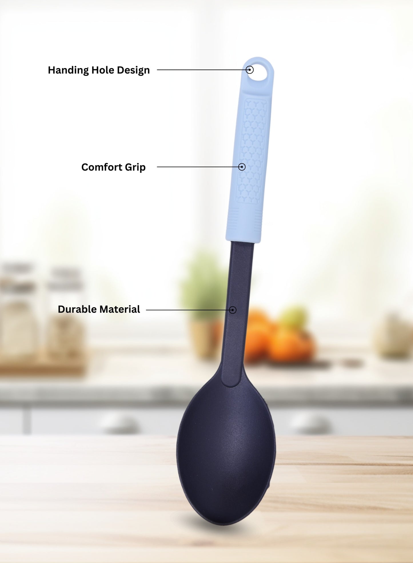BRITISH CHEF Nylon Solid Spoon - Anti-Scratch for Non-Stick Pans | Soft Grip Silicone Handle | Ideal Cooking Utensil | Comfortable Handle | Dishwasher Safe - BC333