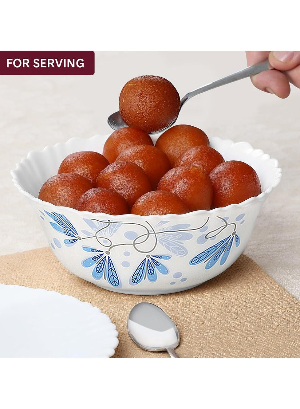 BRITISH CHEF 7 Piece Opalware Red Lily Pudding Set | 1 Piece Serving & 6 Piece Veg Bowls | Microwave & Dishwasher Safe| Chip & Scratch Resistant | WHITE - BC2010PS