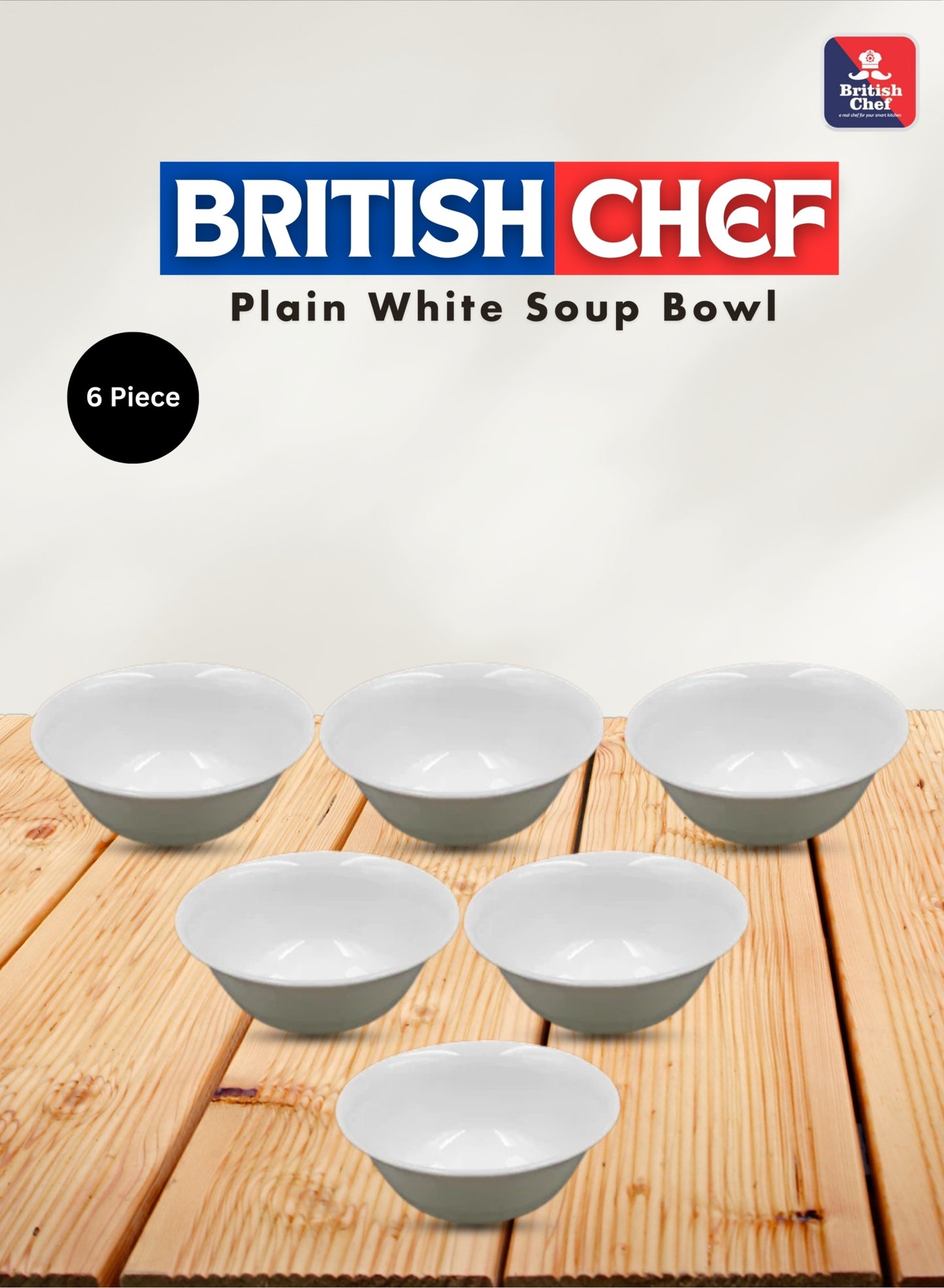 BRITISH CHEF 5inch Soup Bowl Plano Plane Plate | Easy to Store | Durable | Break Resistant | Dishwasher Safe | Set of 6 pcs | White | BC2019