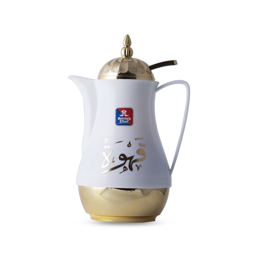 BRITISH CHEF Tea & Cawa Vacuum Flask Thermos with Double Wall Glass liner Insulated for Keeping Hot/Cold Long Hour | WHITE/GOLD | 1L - BC404
