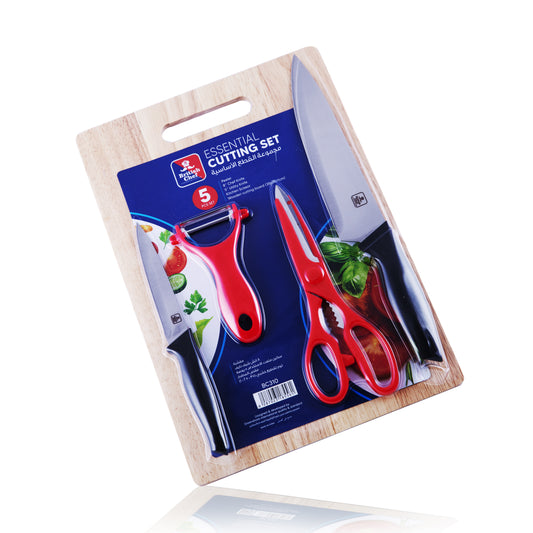 BRITISH CHEF 5 Pcs Kitchen Essential Cutting Set with Wooden Cutting board Complete Set with Paring Knife | Peeler | 5 Inch Utility Knife | 8 Inch Chef Knife | Stainless Steel Sharp Blades - BC310