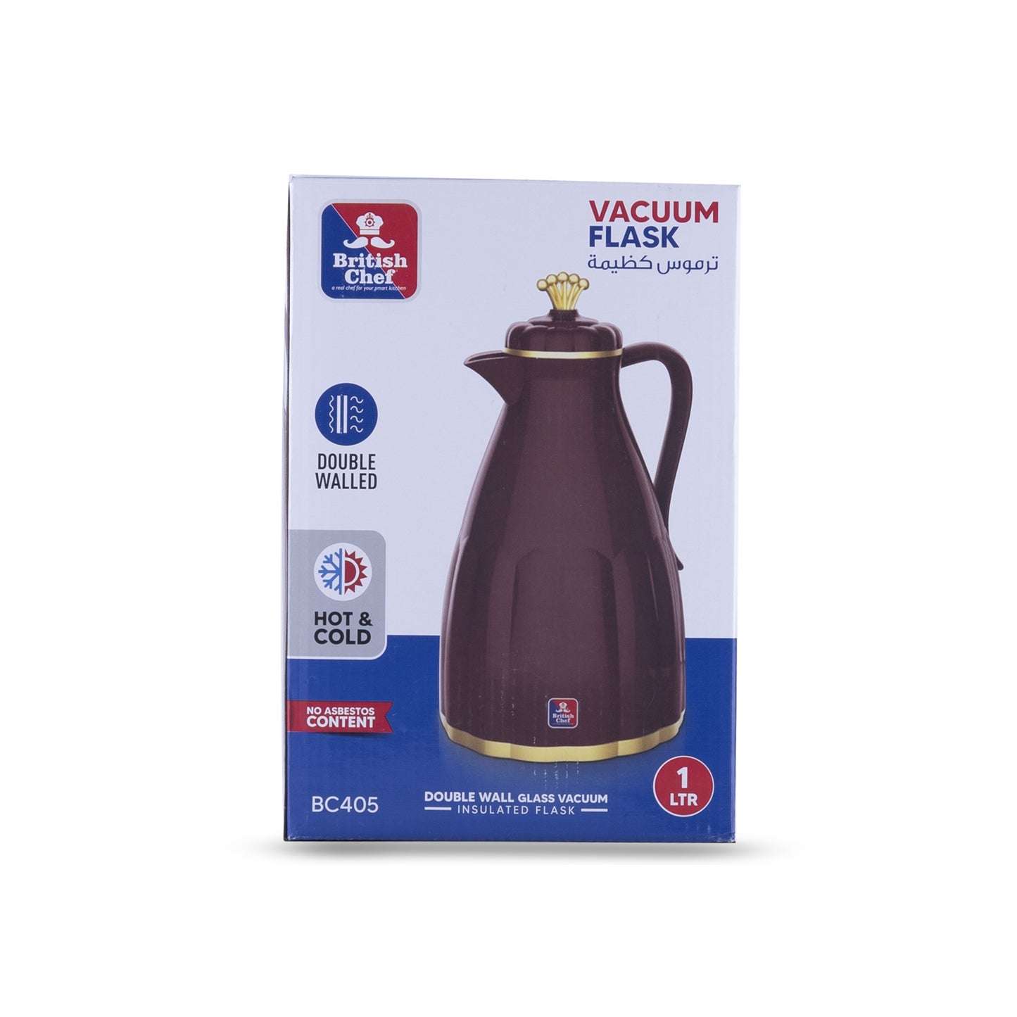 BRITISH CHEF Vacuum Insulated Flask For Keeping Hot Cold | Long Hour Heat Cold Retention | Double Walled Glass Vacuum | BROWN | 1L - BC405