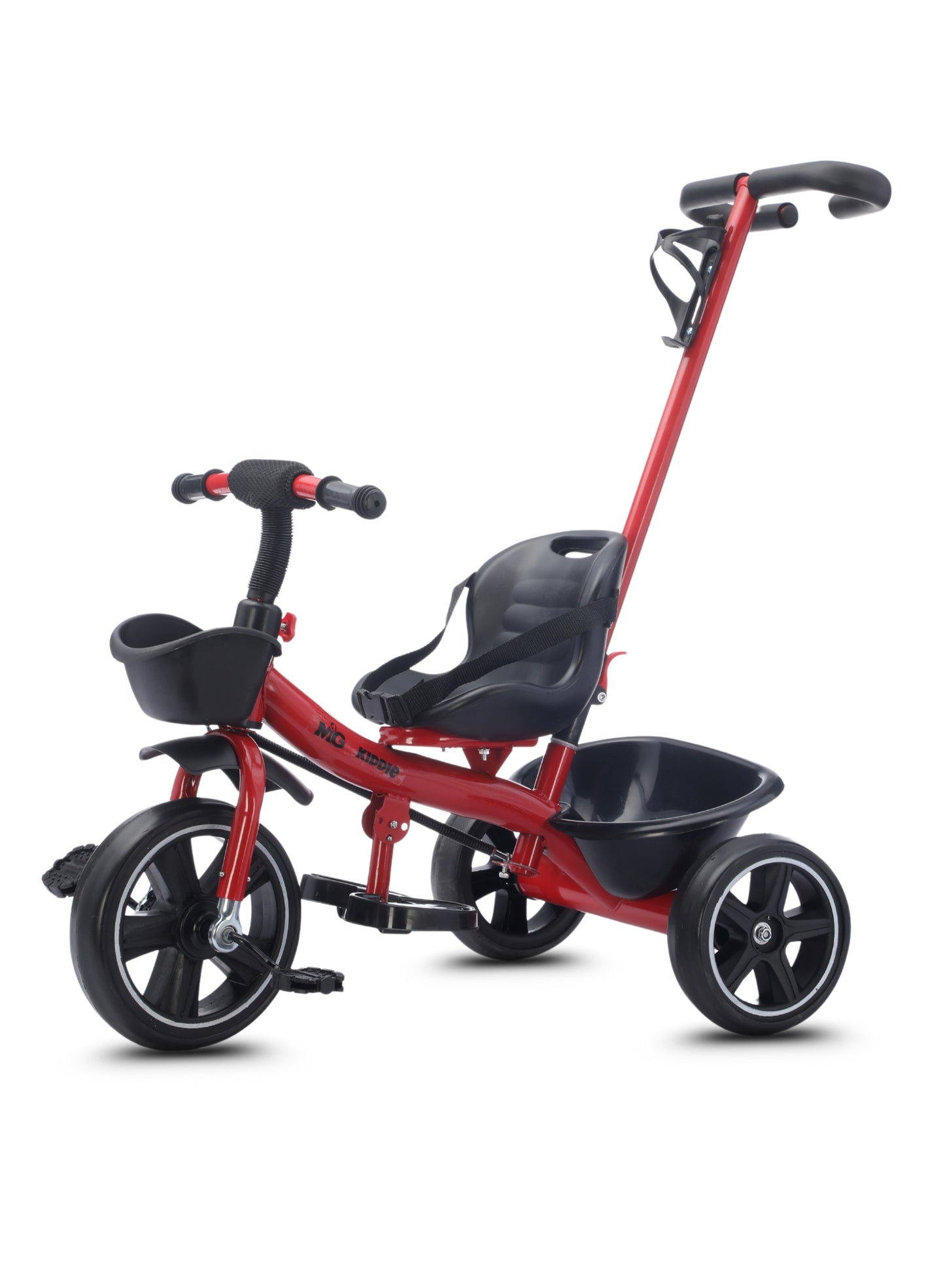 MG Kids 2-in-1 Parental Push Handle Bike with Lights & Music | 3-Wheel Toddler Bike with Front Basket & Rear Storage| Safety Belt | Fun Ride-On Toy For 1-5 Years - MGT913 Red