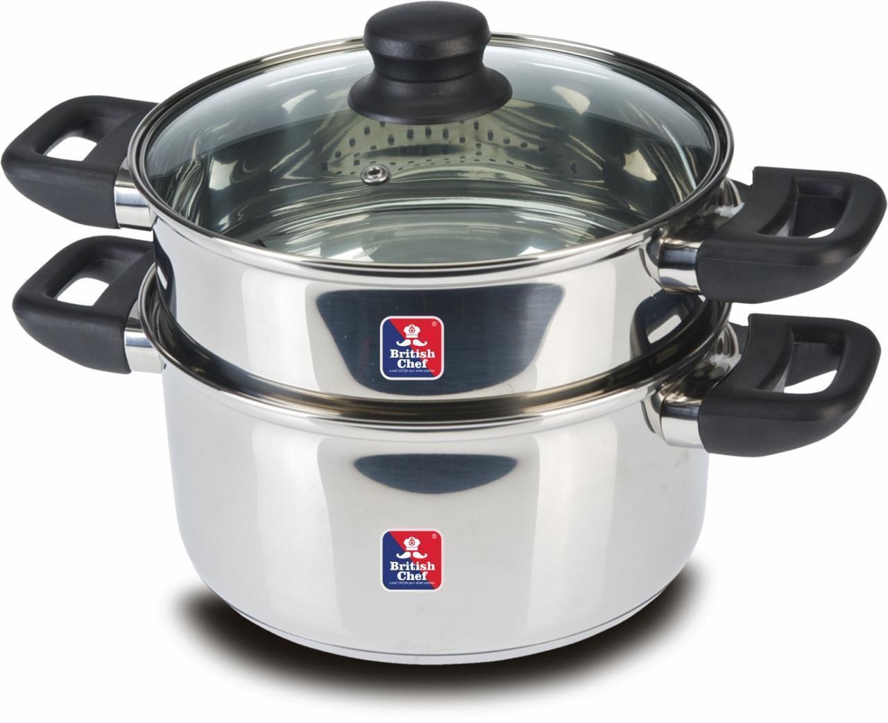 BRITISH CHEF Stainless Steel Steamer 20cm with Lid | Heavy Base & Induction Compatible | All In One Food Steamer | Bakelite Handle for Easy Handling | Elegant Mirror Finish - BC176