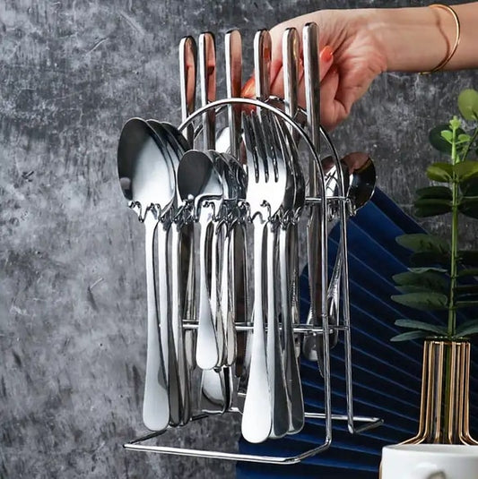 BRITISH CHEF 24 Pcs Stainless Steel Tableware/Flatware with stand | Mirror Polished Cutlery Set | Tableware Set of 6 Spoon/6 Tea Spoon/6Knife/6 Fork - BC320