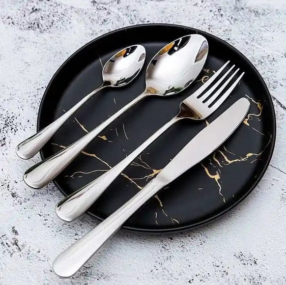 BRITISH CHEF 24 Pcs Stainless Steel Tableware/Flatware with stand | Mirror Polished Cutlery Set | Tableware Set of 6 Spoon/6 Tea Spoon/6Knife/6 Fork - BC320