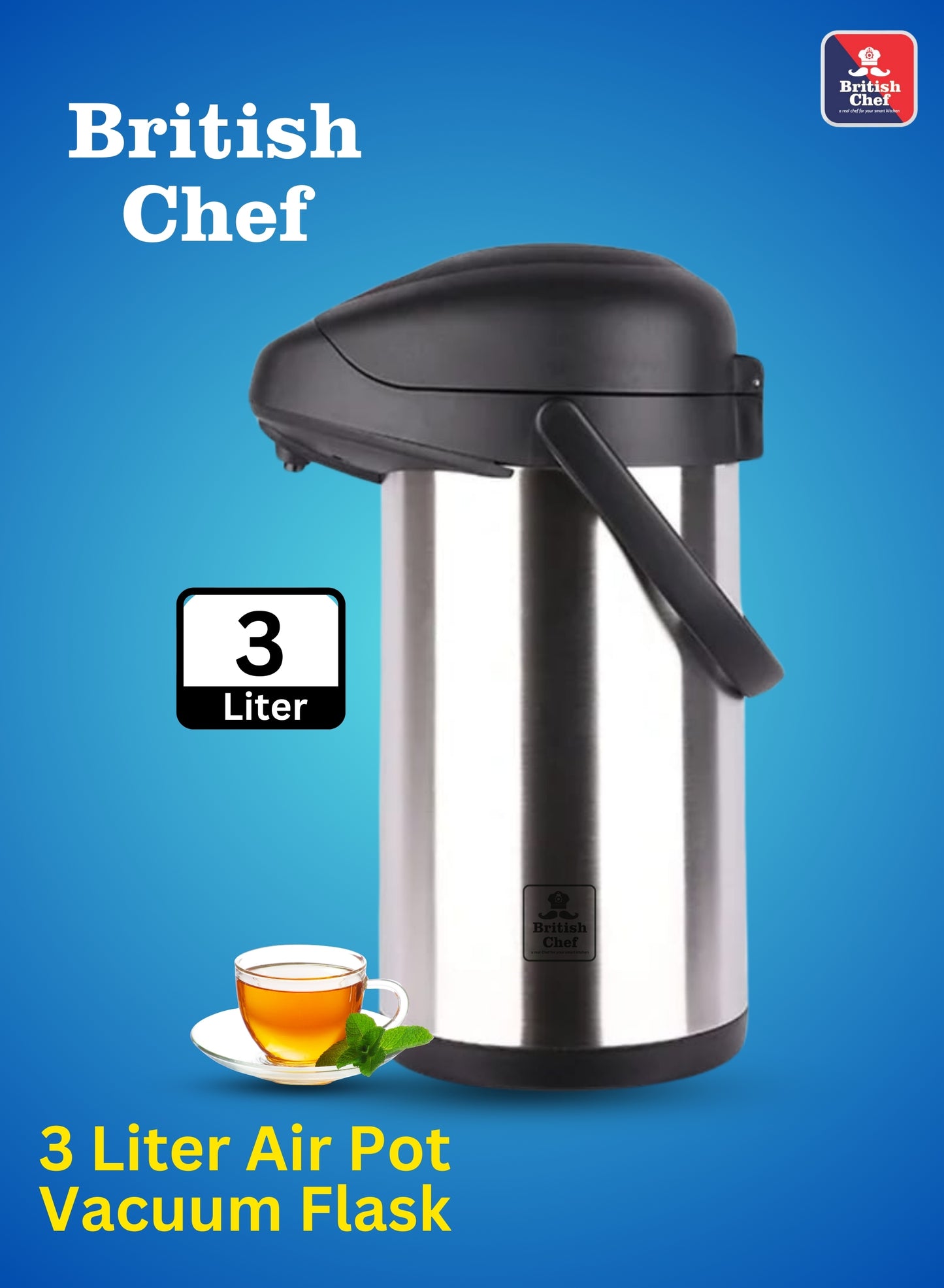 BRITISH CHEF 3L Hot & Cold Air Pot Flask | Stainless Steel Vacuum Pump with Double Wall Thermos | 360 Degree rotation Mechanism | Safety Lock | Thermal Beverage Flask | Black & Silver - BC408