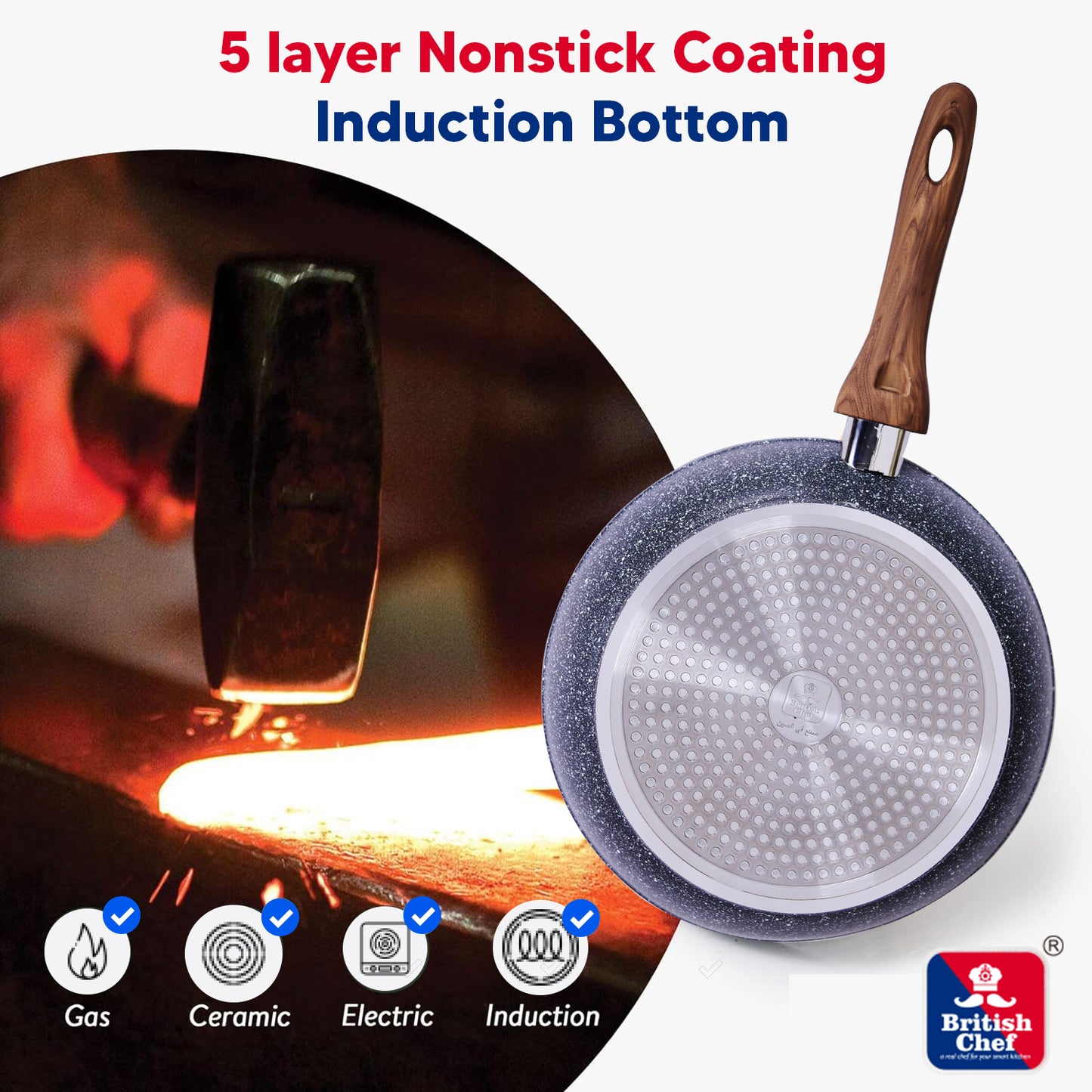 BRITISH CHEF Marble Coated Frypan with 5-Layer Nonstick Coating - Forged Construction & Various Sizes 24/26/28/30/32 CM - BLACK