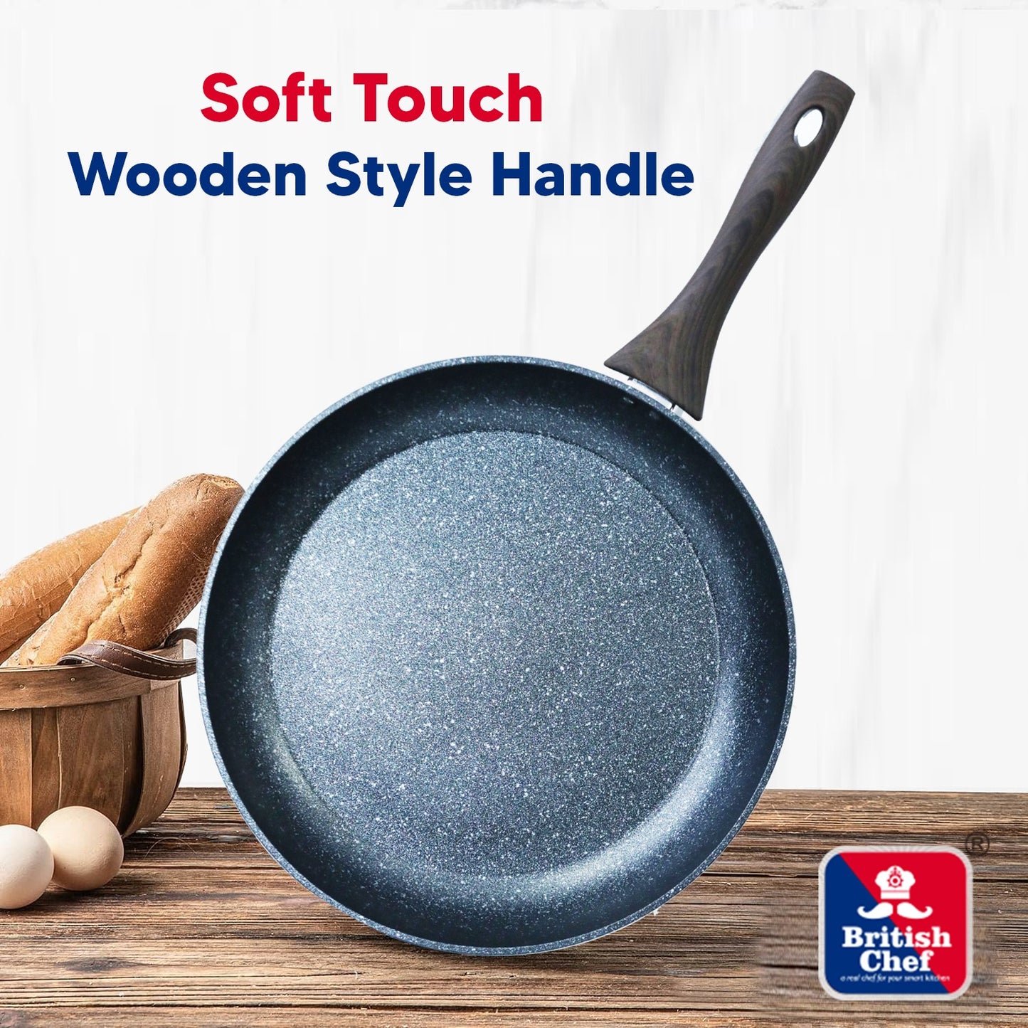 BRITISH CHEF Marble Coated Frypan with 5-Layer Nonstick Coating - Forged Construction & Various Sizes 24/26/28/30/32 CM - BLACK