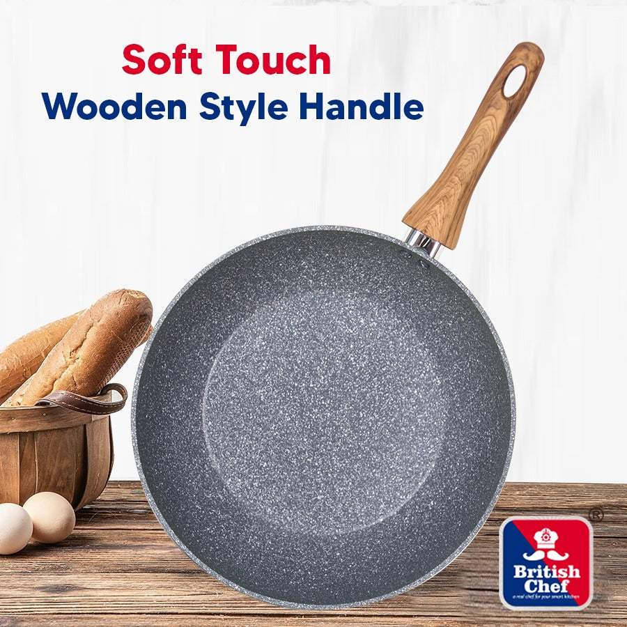 BRITISH CHEF Marble Coated Wok pan Non-stick 5Layer Coating with 3mm Thick & Induction Bottom, Marble Effect Colour, Various Sizes 28CM & 30CM