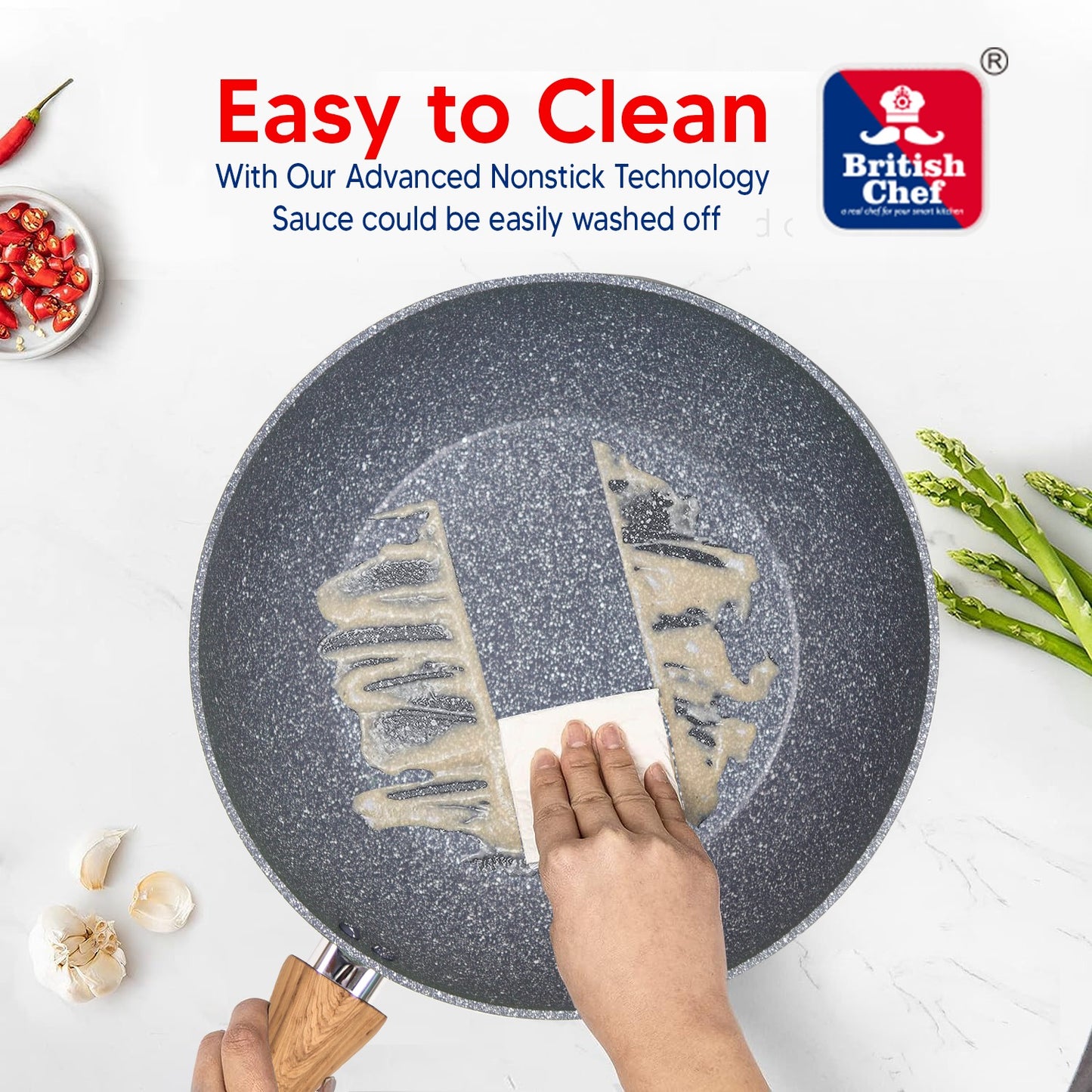 BRITISH CHEF Marble Coated Wok pan Non-stick 5Layer Coating with 3mm Thick & Induction Bottom, Marble Effect Colour, Various Sizes 28CM & 30CM