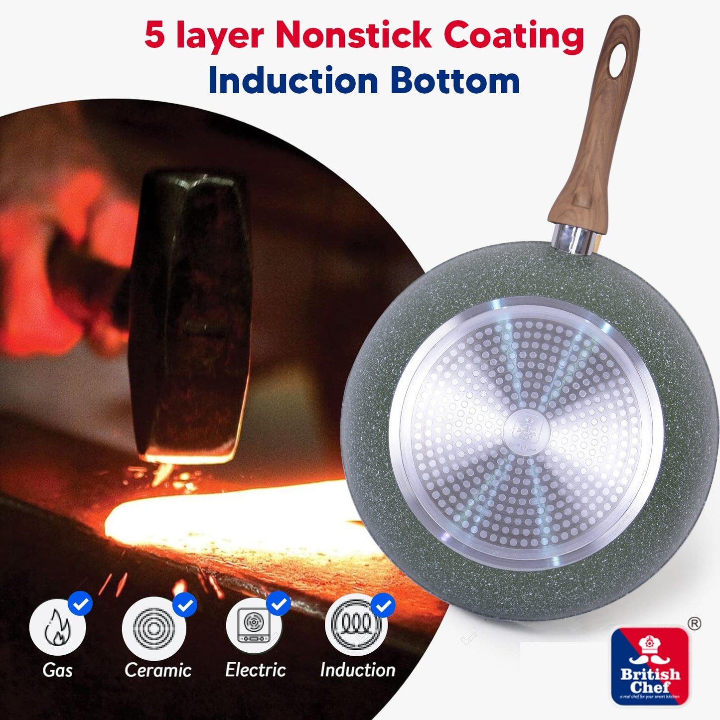 BRITISH CHEF Marble Coated Wok pan Non-stick 5Layer Coating with 3mm Thick & Induction Bottom, Marble Effect Colour, Various Sizes 28CM & 30CM
