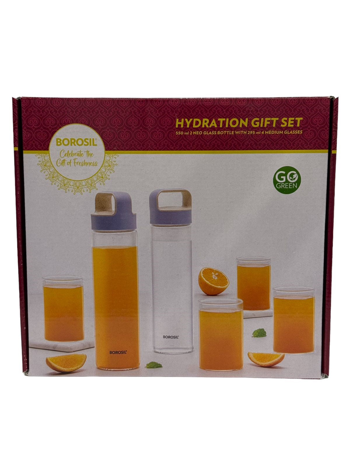 BOROSIL 550 ml 2 Neo Glass Bottle With 295 ml 4 Medium Glass | Hydration Gift Set | Borosilicate Glass Water Bottle | Extreme Temperature Resistant For Hot & Cold Water | 4 Juice Glass | BVS4NGB550TRGS