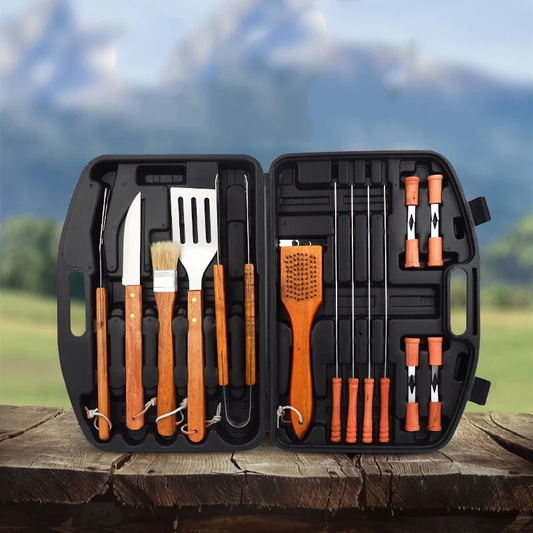 BRITISH CHEF 18 Pcs BBQ Tool Set | Stainless Steel Grill Accessories Set | Wooden Handle | Tool Set with Knife, Tongs, Spatula, Forks, Basting Brush, Sticks, Turner and Kit Box | Heavy Duty Barbecue Utensils - BC321