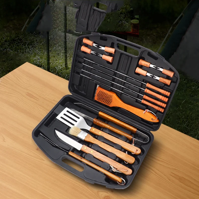BRITISH CHEF 18 Pcs BBQ Tool Set | Stainless Steel Grill Accessories Set | Wooden Handle | Tool Set with Knife, Tongs, Spatula, Forks, Basting Brush, Sticks, Turner and Kit Box | Heavy Duty Barbecue Utensils - BC321