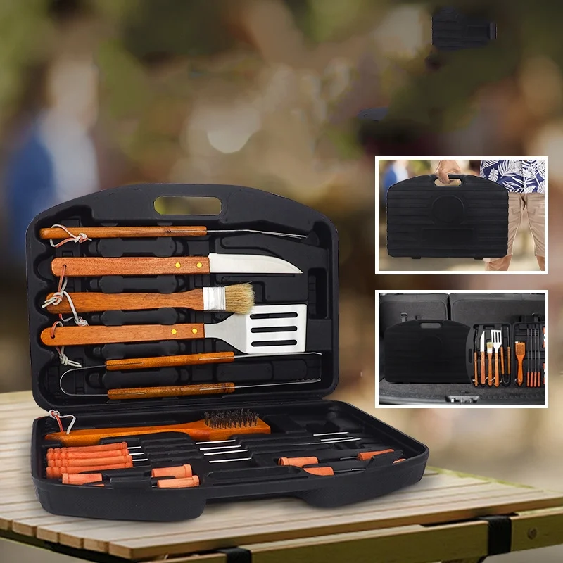BRITISH CHEF 18 Pcs BBQ Tool Set | Stainless Steel Grill Accessories Set | Wooden Handle | Tool Set with Knife, Tongs, Spatula, Forks, Basting Brush, Sticks, Turner and Kit Box | Heavy Duty Barbecue Utensils - BC321