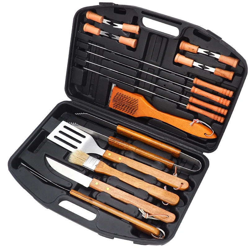 BRITISH CHEF 18 Pcs BBQ Tool Set | Stainless Steel Grill Accessories Set | Wooden Handle | Tool Set with Knife, Tongs, Spatula, Forks, Basting Brush, Sticks, Turner and Kit Box | Heavy Duty Barbecue Utensils - BC321